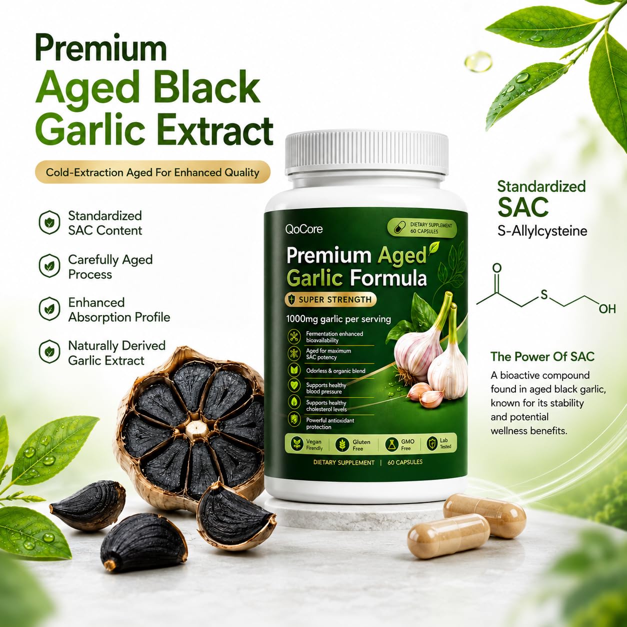 Finding Ferdinand Qocore Aged Black Garlic 1000mg Per Serving with SAC, Heart & Circulation Support Softgel, 60 Count