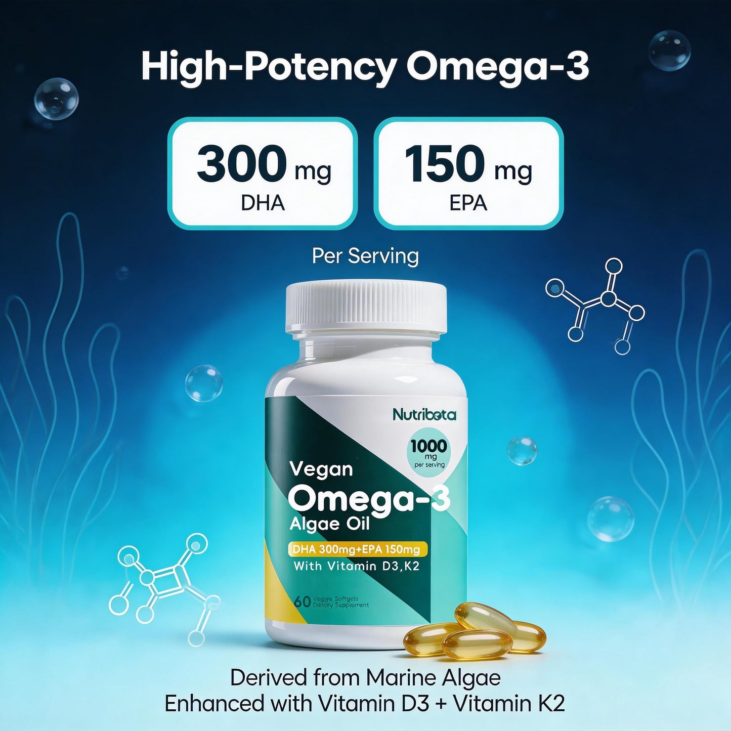Nutribota Vegan Omega-3 Algae Oil Softgel with DHA 300mg & EPA 150mg, Vitamin D3 & K2, 60 Softgels