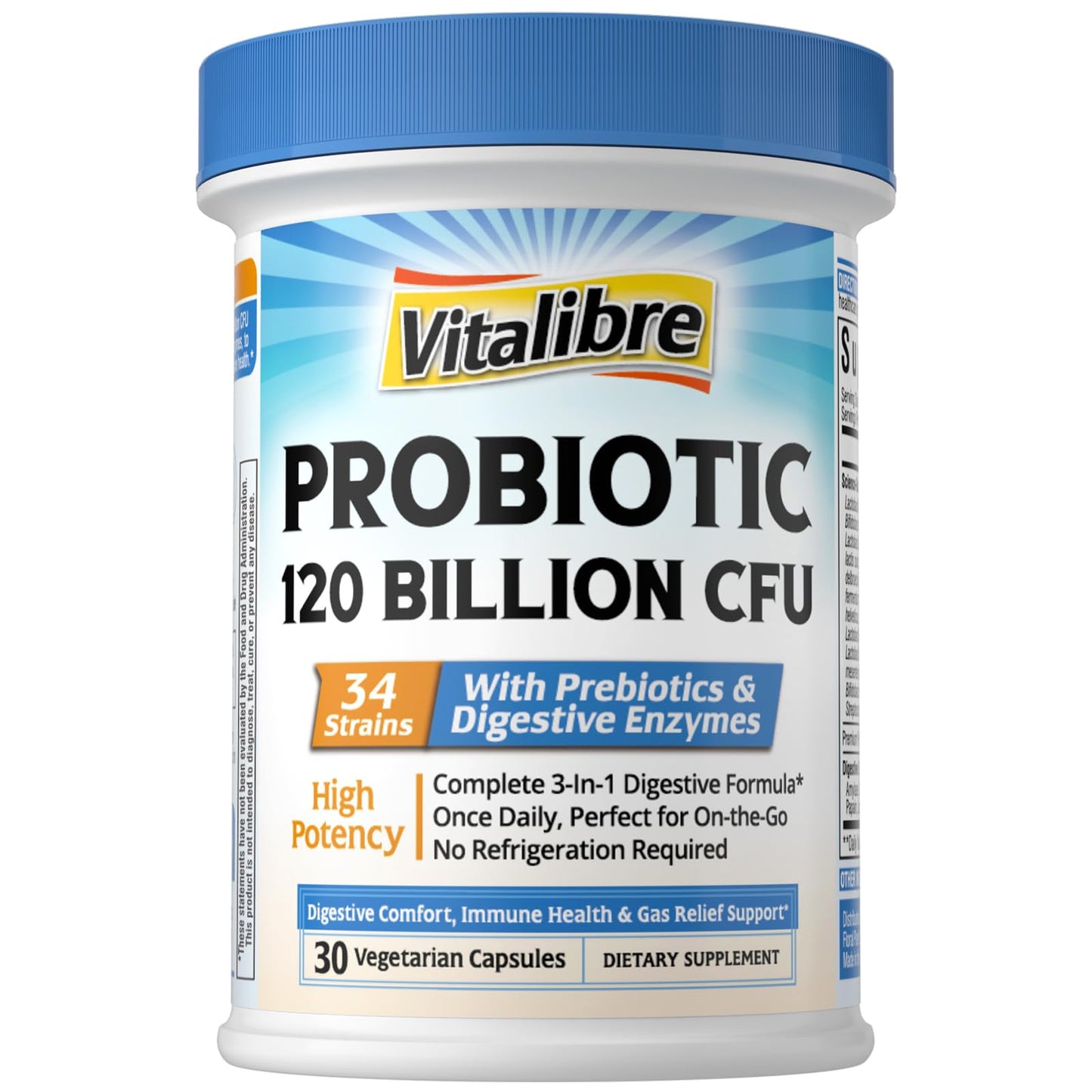 Vitalibre Probiotics for Women and Men, 120 Billion CFU, 34 Strains with Digestive Enzymes & Prebiotics, 30 Capsules