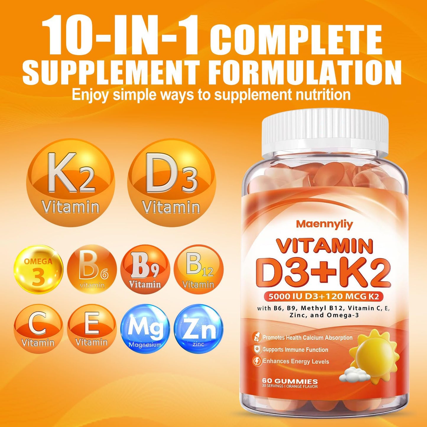Maennyliy Vitamin D3 K2 Gummies for Adults D3 5000IU + K2 (MK-7) 120mcg, 120 Gummies