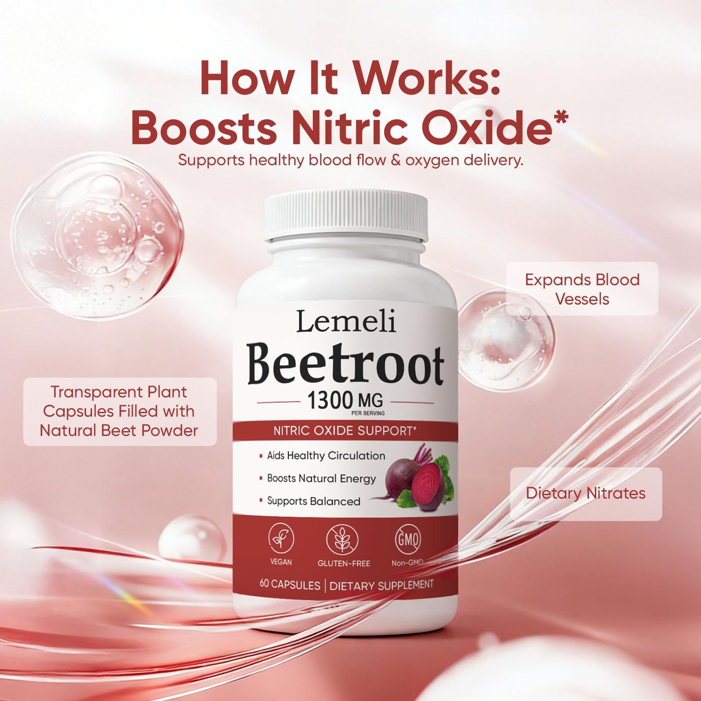 Kunnozz Lemeli Beetroot Capsules 1300 mg Beet Root Powder Blend Per Serving, Vegan Non-GMO Gluten Free, 60 Capsules