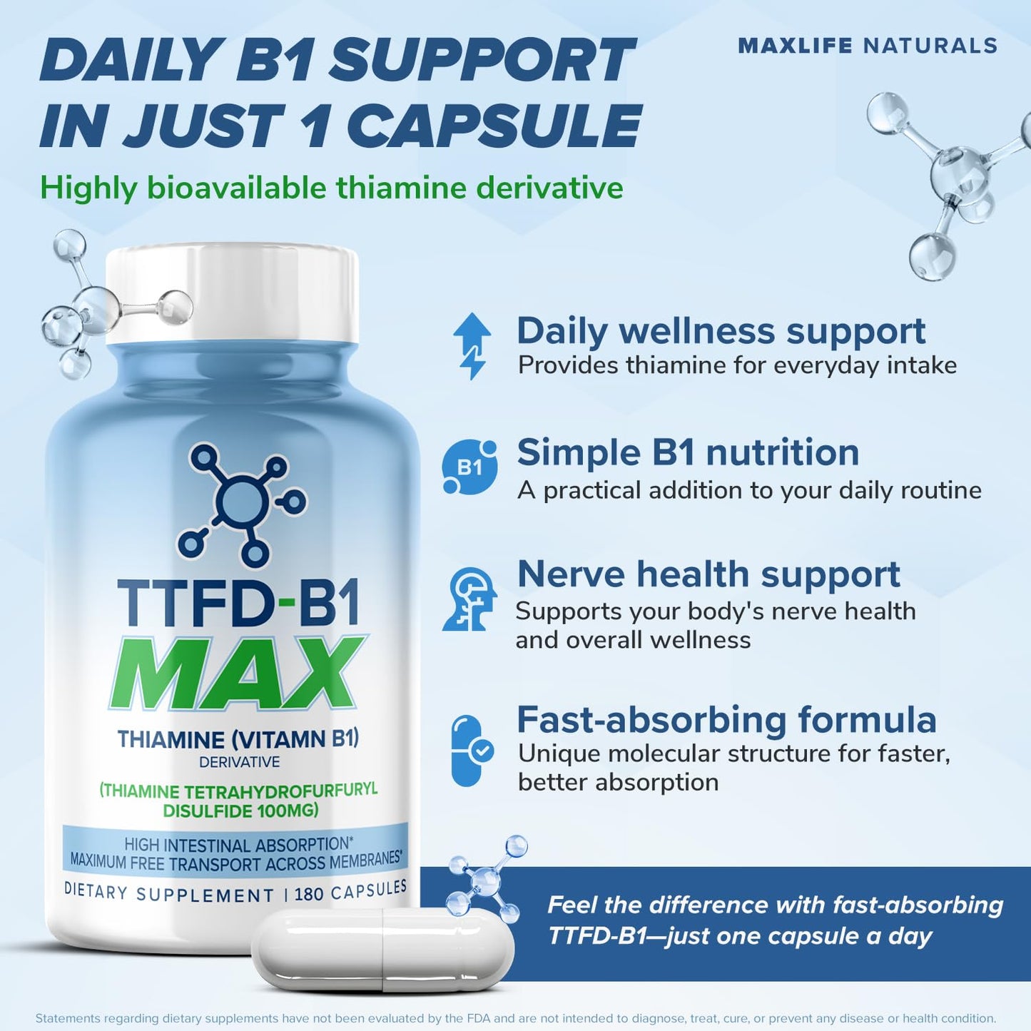 MAXLIFE NATURALS TTFD Thiamine B1 Supplement Capsules 60 Count
