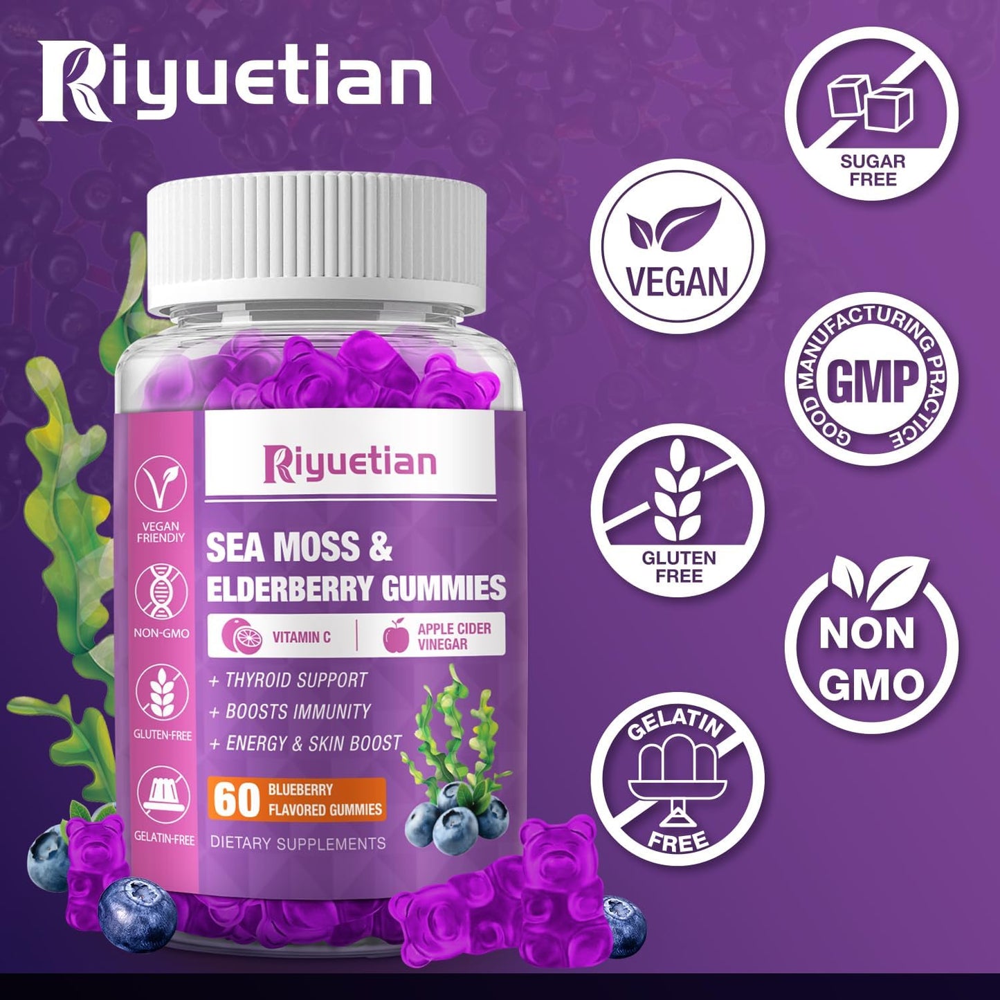 Riyuetian Sea Moss & Elderberry Gummies, 120 Count