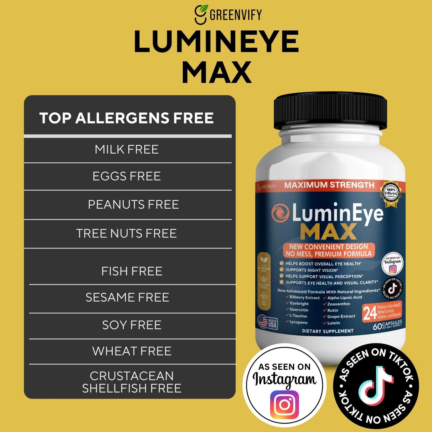 GREENVIFY LuminEye MAX Eye Health Supplement, Advanced Vision Support Formula for Adults, 60 Capsules