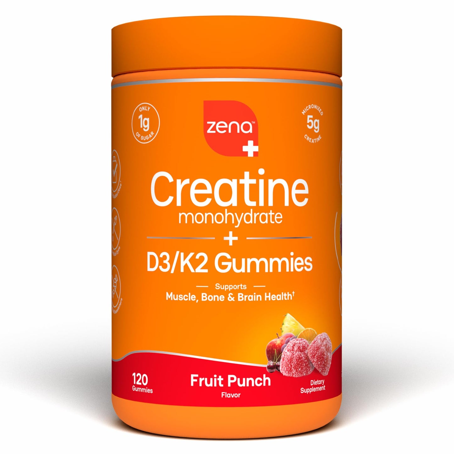Zena Nutrition Creatine Gummies with D3 & K2, Creatine Monohydrate, 120 Gummies
