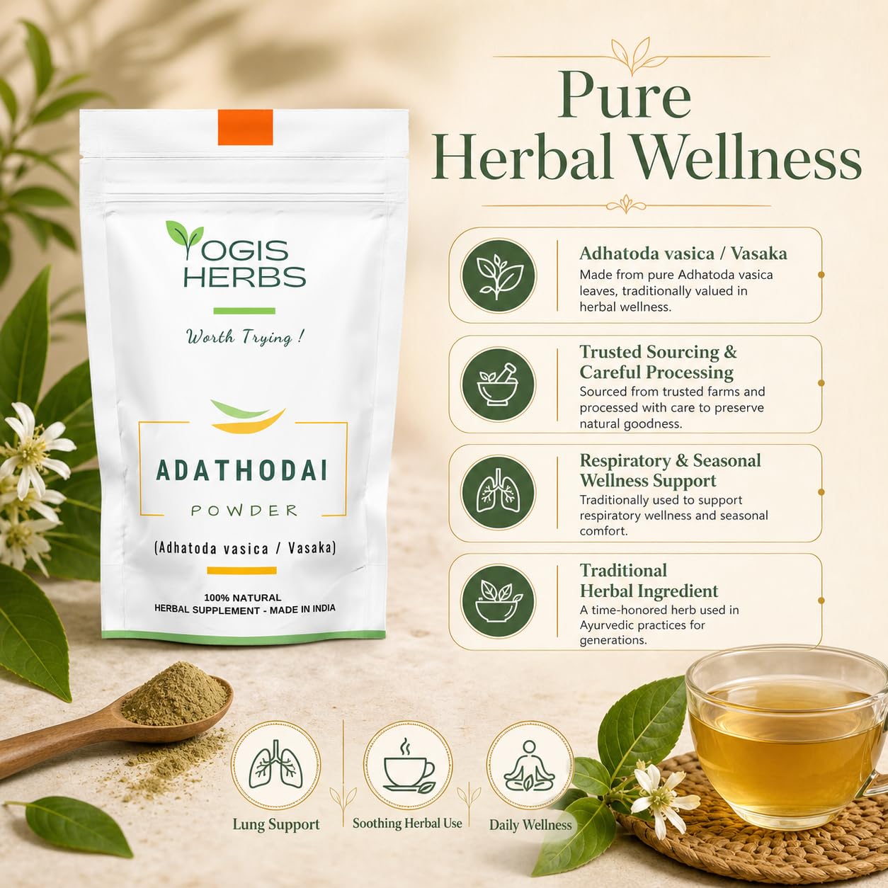 YOGIS HERBS Adathodai Powder 16 Ounce