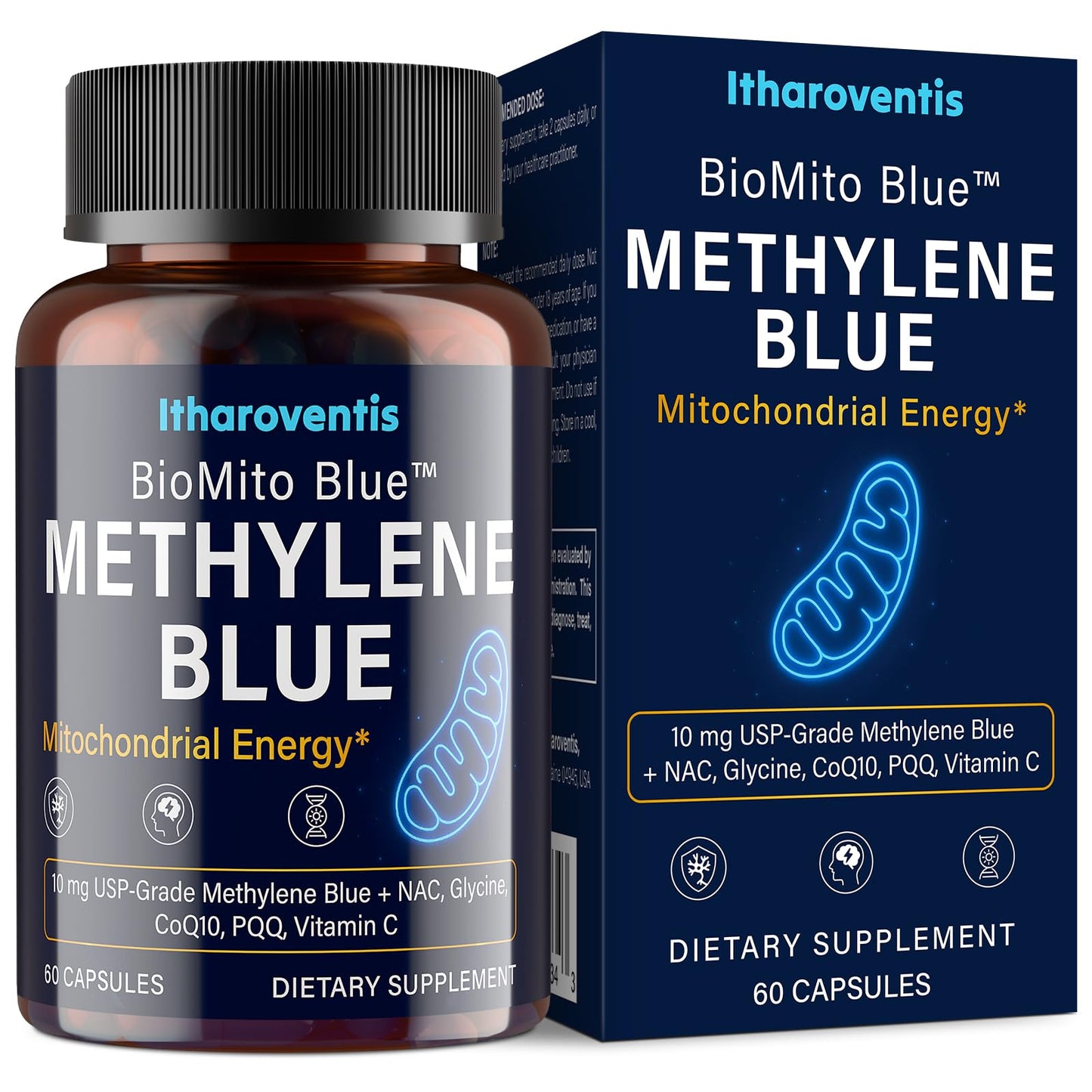 Itharoventis Methylene Blue Pharmaceutical Grade Capsules with CoQ10, NAC, PQQ, Glycine & Vitamin C for Memory, Focus, Energy & Mitochondrial Support, No Formaldehyde, 60 Count