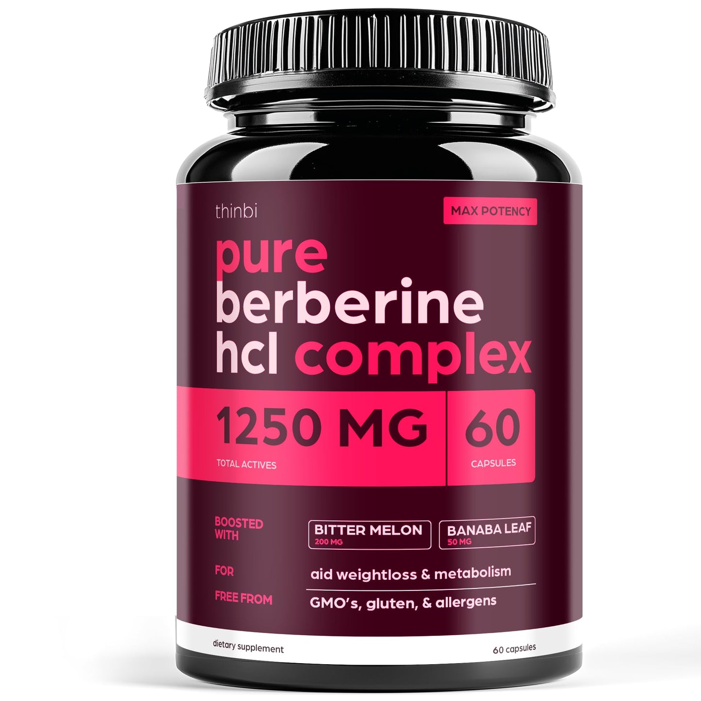 Thinbi Berberine HCl Supplement – High Potency Capsules with Bitter Melon & Banaba Leaf – Botanical Formula from Barberry Extract, 60 Capsules
