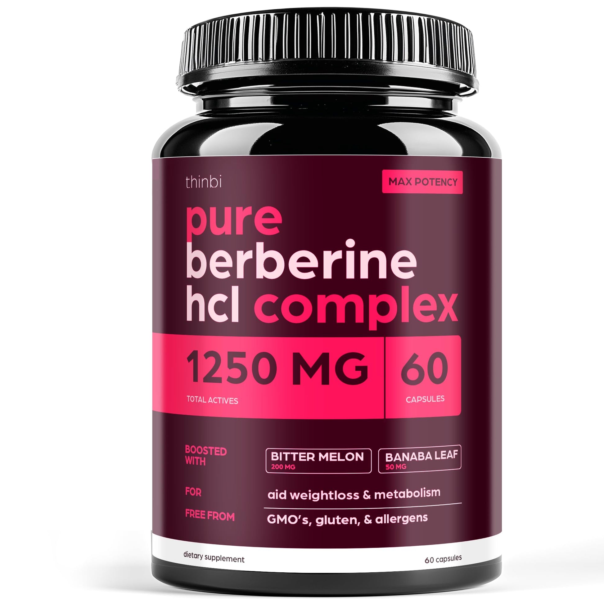 Thinbi Berberine HCl Supplement – High Potency Capsules with Bitter Melon & Banaba Leaf – Botanical Formula from Barberry Extract, 60 Capsules