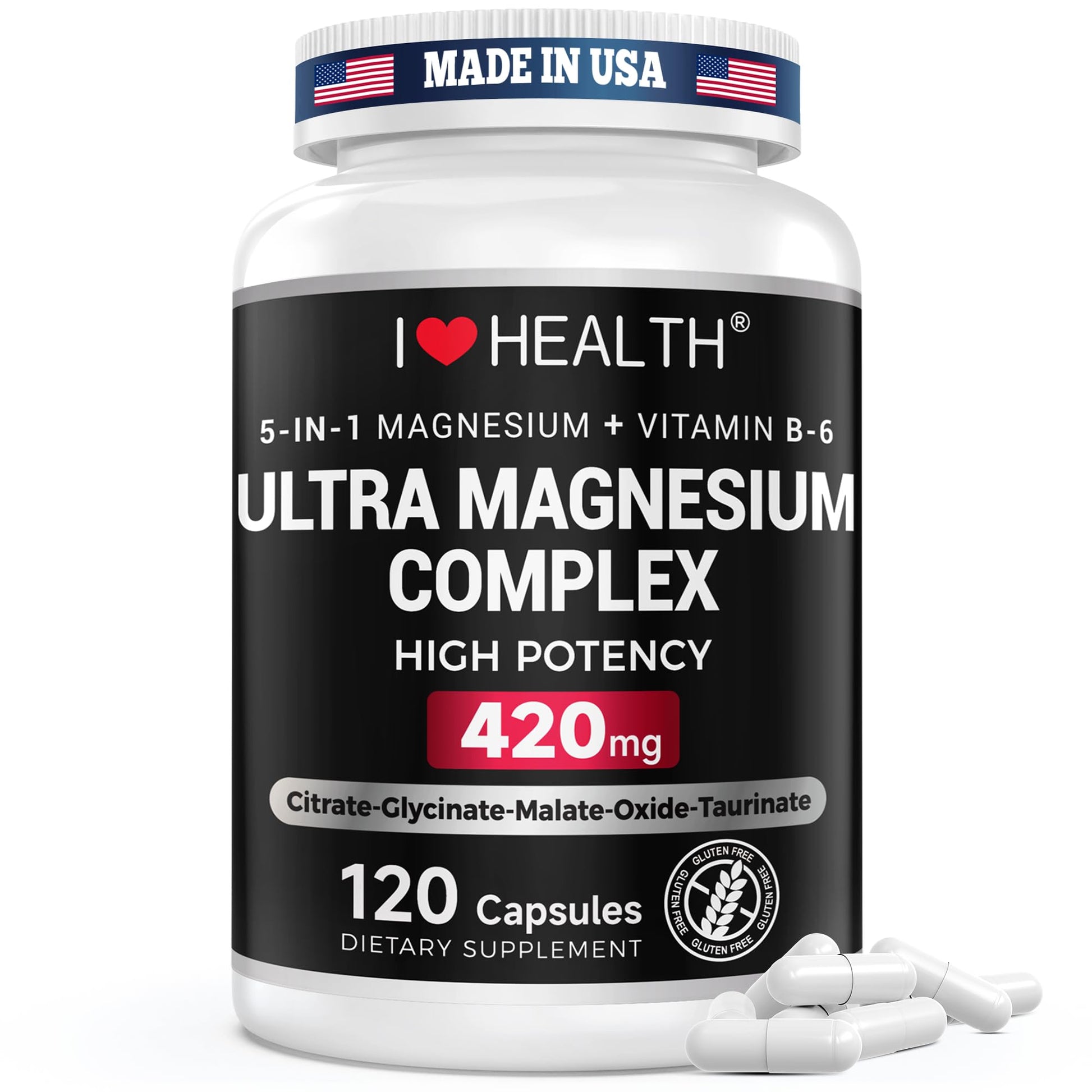 I LOVE HEALTH Magnesium Glycinate Complex 420mg with Vitamin B6 – High Absorption Magnesium for Sleep, Muscle & Nerve Support, 120 Capsules