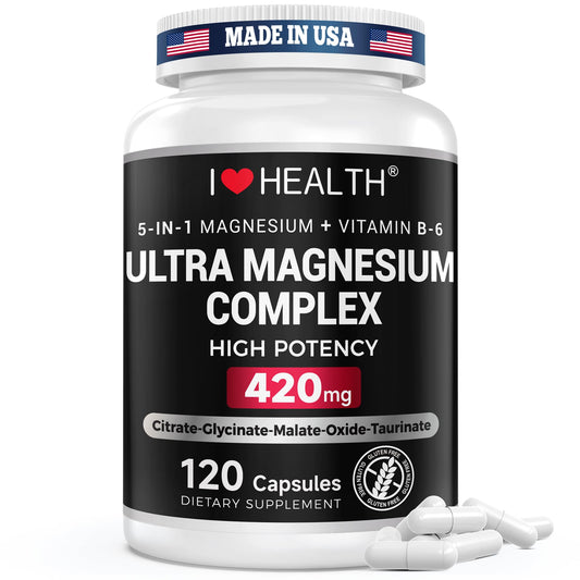 I LOVE HEALTH Magnesium Glycinate Complex 420mg with Vitamin B6 – High Absorption Magnesium for Sleep, Muscle & Nerve Support, 120 Capsules