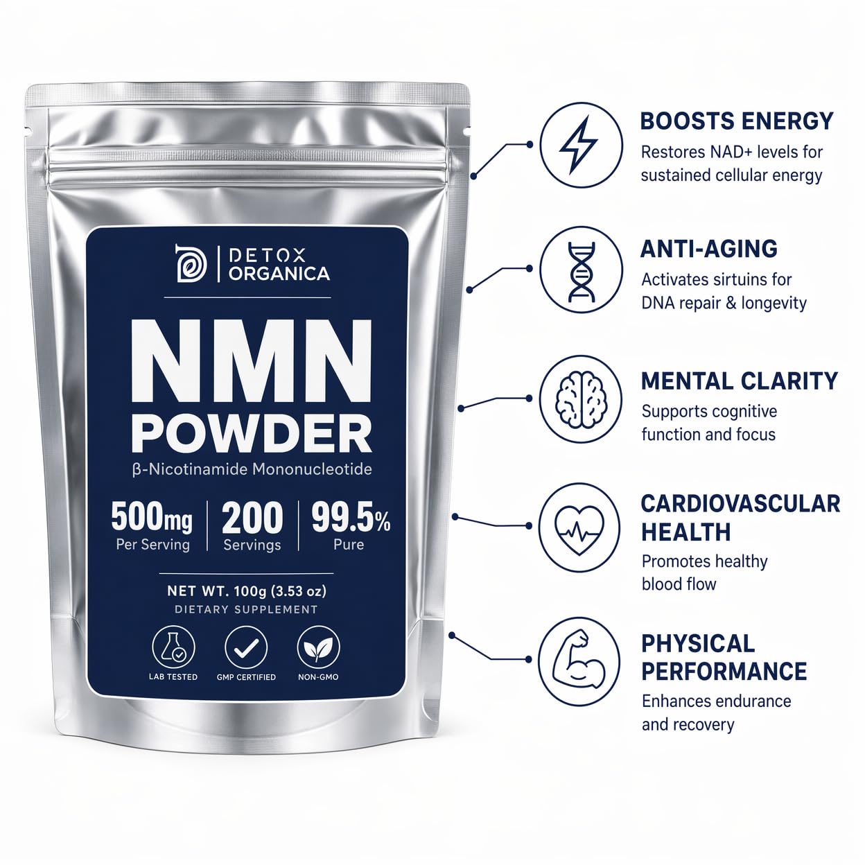 Detox Organica NMN Powder Supplement, Powder, 3.53 Ounce