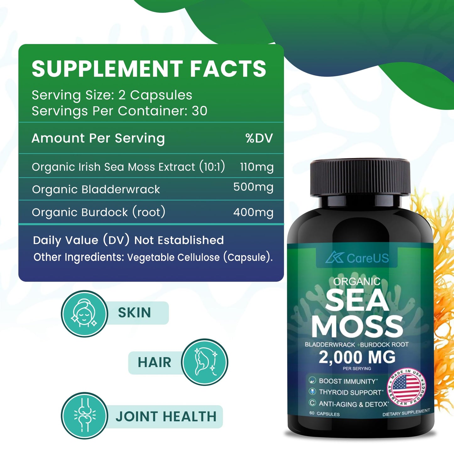 AhmedKazi Organic Sea Moss Complex with Bladderwrack and Burdock Root Capsules, 60 Count