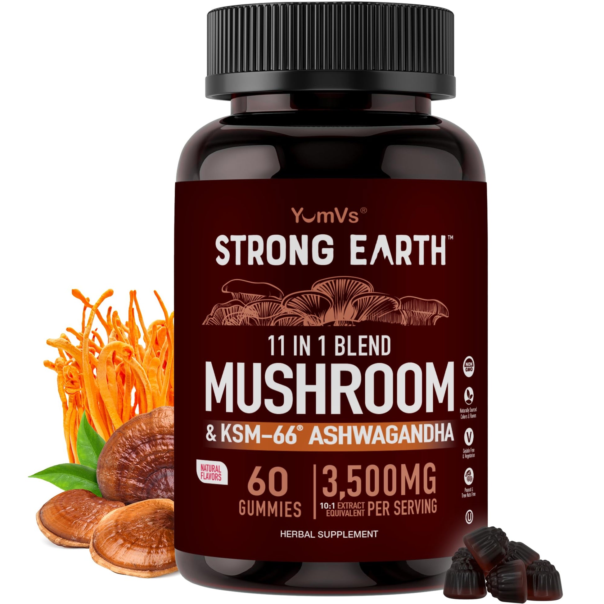 YUM-V'S Mushroom Gummies with Ashwagndha - 350mg 10-in-1 Mushroom Blend - Lions Mane, Cordyceps, Reishi, Chaga, Turkey Tail, Maitake, Shiitake - Gelatin Free, Vegetarian - 60 Count