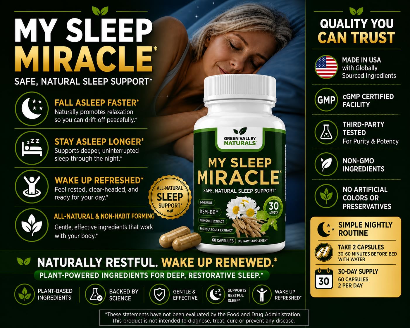 GREEN VALLEY NATURALS My Sleep Miracle Vegan Sleep Support Supplement 60 Capsules
