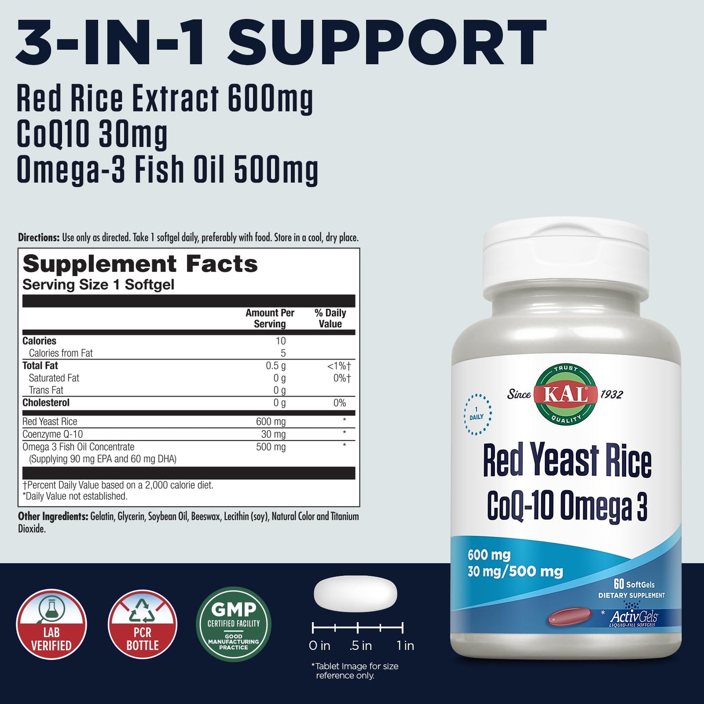 KAL Red Yeast Rice COQ10 Omega 3 Softgels 60 Count