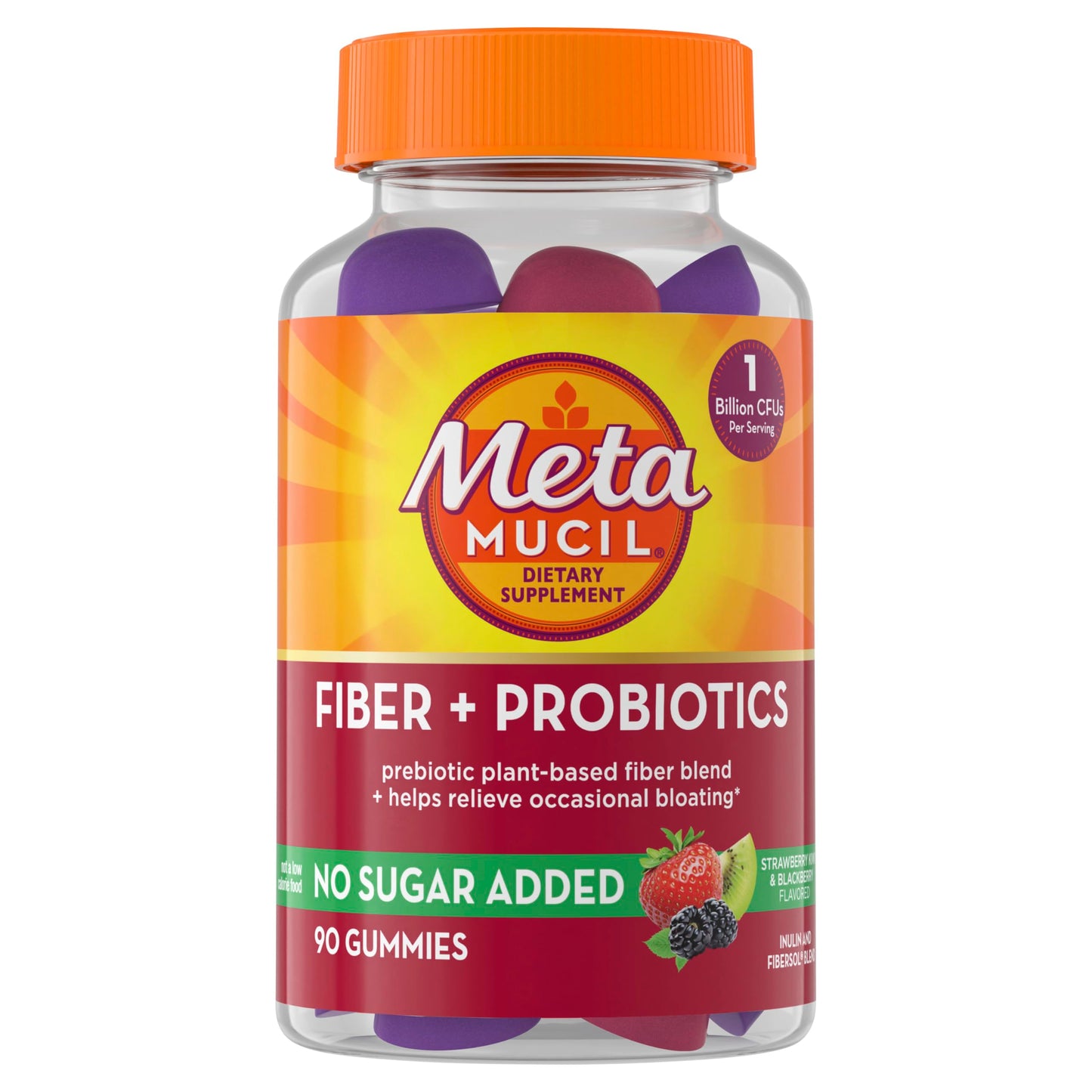 Metamucil Fiber Gummies for Adults with Probiotics for Bloating Relief, No Sugar Added Strawberry Kiwi BlackBerry Flavors, 5g Prebiotic Plant Based Fiber Supplement Blend, Gummy, 90 Count