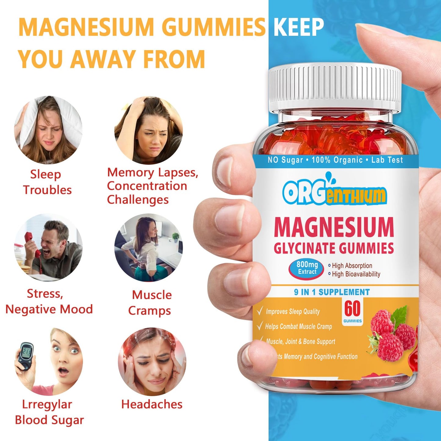 OrgEnthium Magnesium Glycinate Gummies 500mg with L-Threonate, Vitamin D, B6, Potassium & CoQ10 Gummy, 60 Count