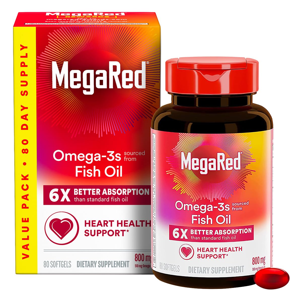 MegaRed Fish Oil 800mg Omega-3 Supplement with EPA & DHA 80 Softgels