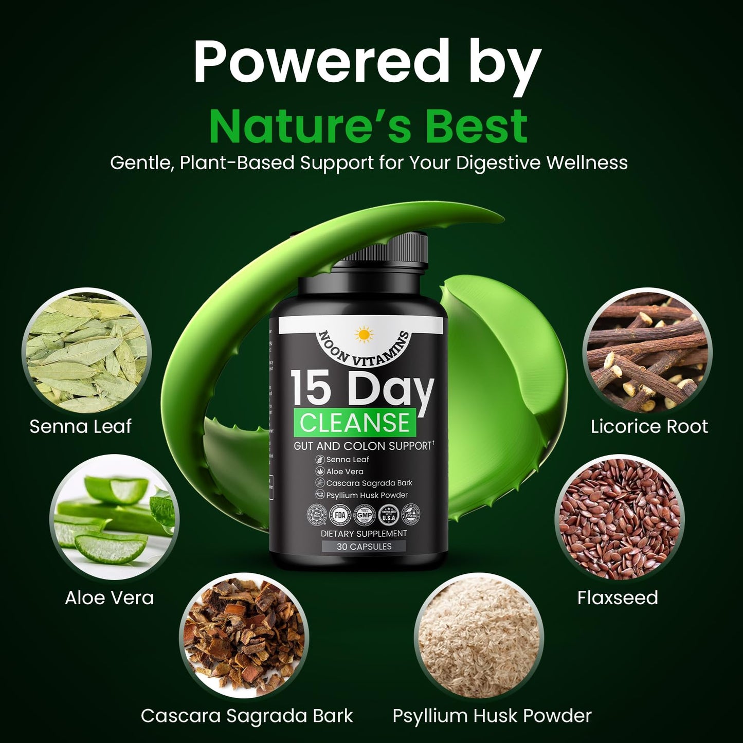NOON VITAMINS 15-Day Colon Cleanse & Gut Detox – Natural Probiotic Cleanser with Senna Leaf, Psyllium & Aloe – Halal for Men & Women – Supports Digestive Health, Regularity & Bloating Relief – Capsules, 30 Count