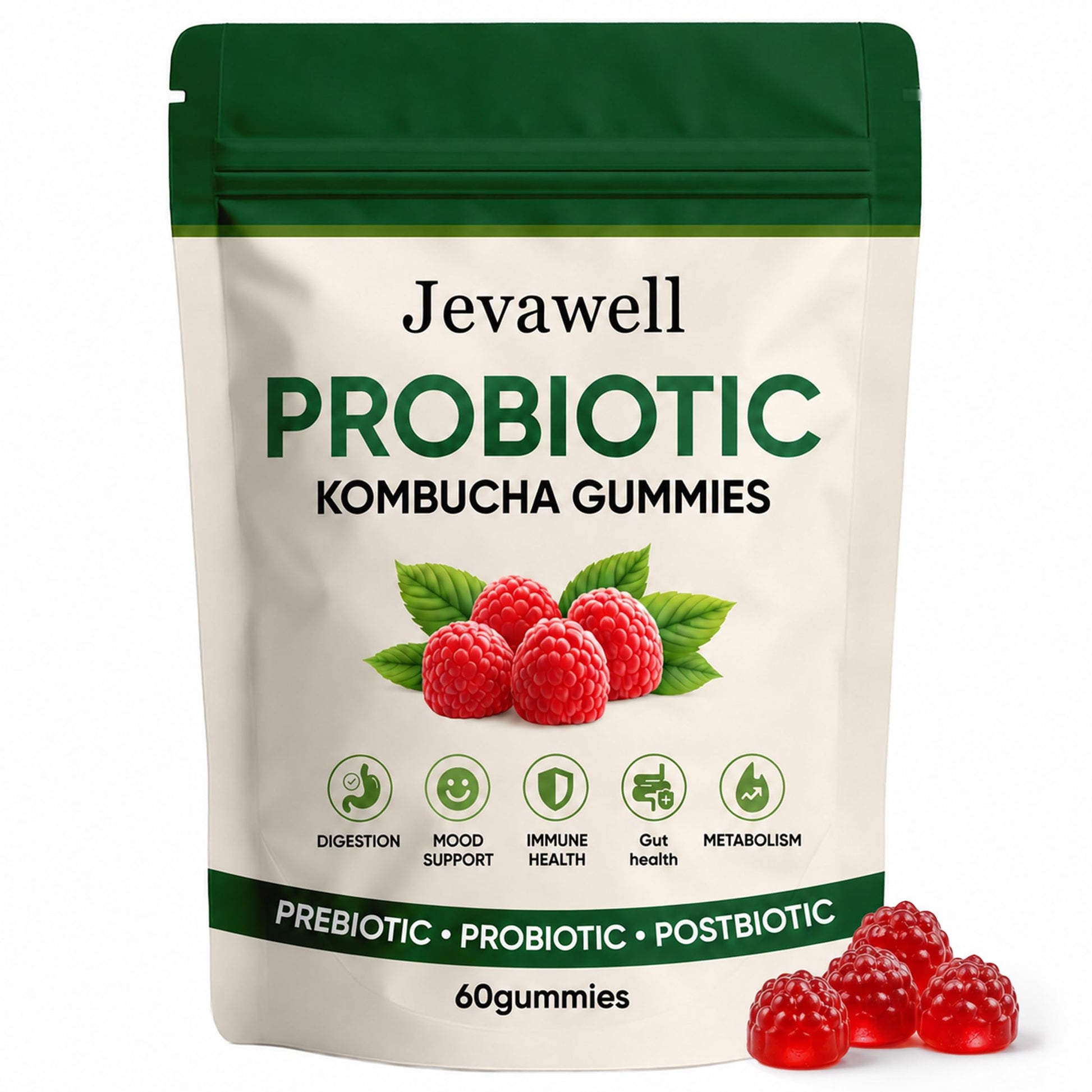 Hanachi Jevawell Kombucha Gummies with Prebiotics & Fiber, Infuse Probiotic Kombucha Gummies for Women with Slippery Elm, Dandelion Root & MCT Oil, Daily Digestive Wellness Supplement, 60 Gummies