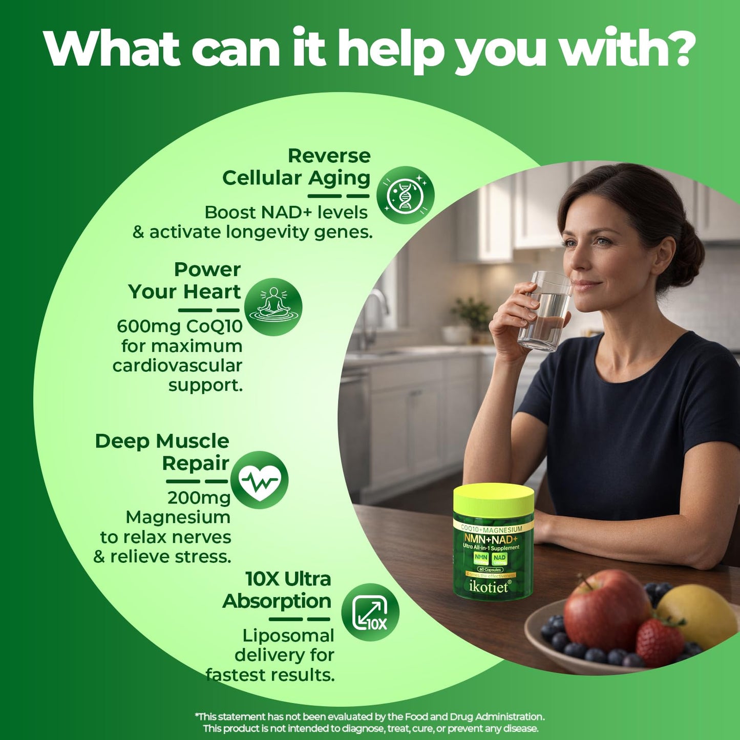 Ikotiet Liposomal NAD+ Supplement with CoQ10 and Magnesium - Dual Action NMN+NAD+ Formula - Supports Cellular Energy and Brain Function, 120 Capsules
