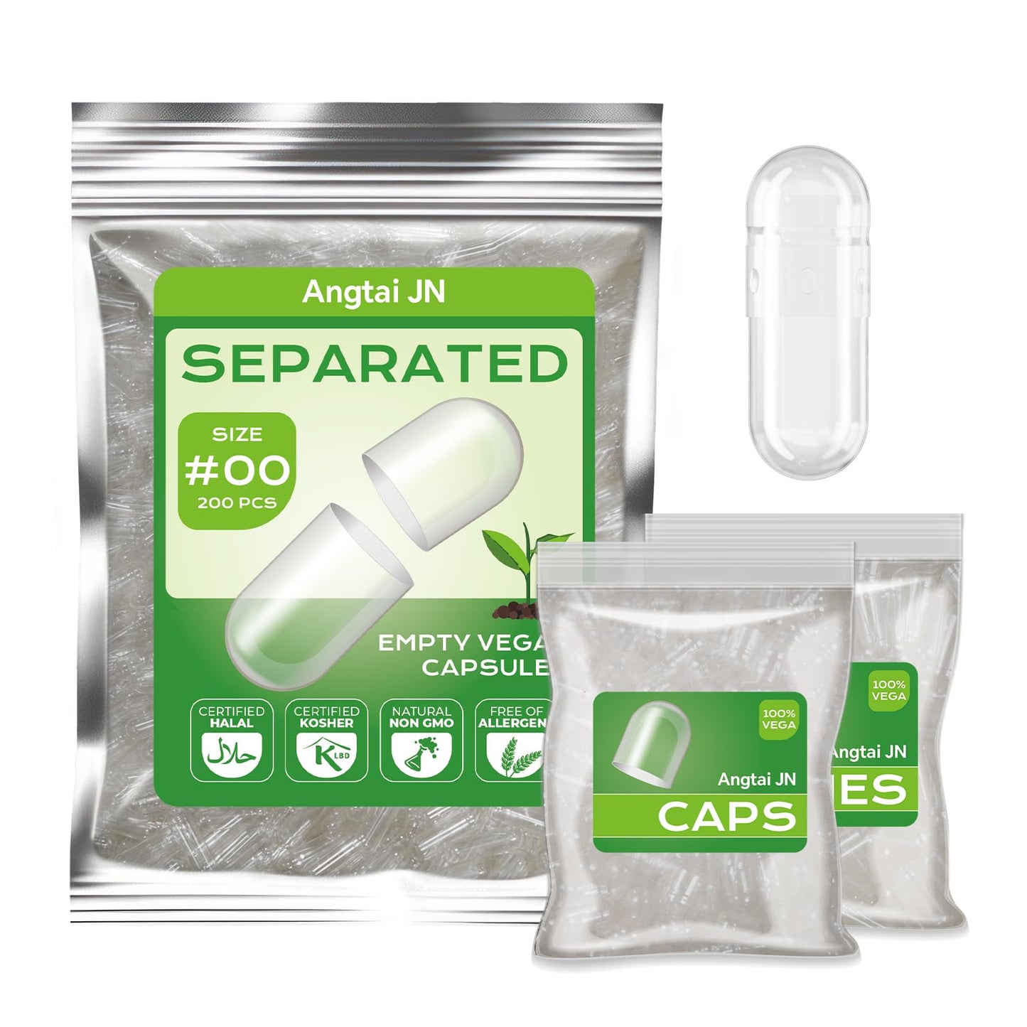 Angtai JN Empty Capsules Size 00 Separated Vegan Pill Caps Plant Based Clear, 200 Count