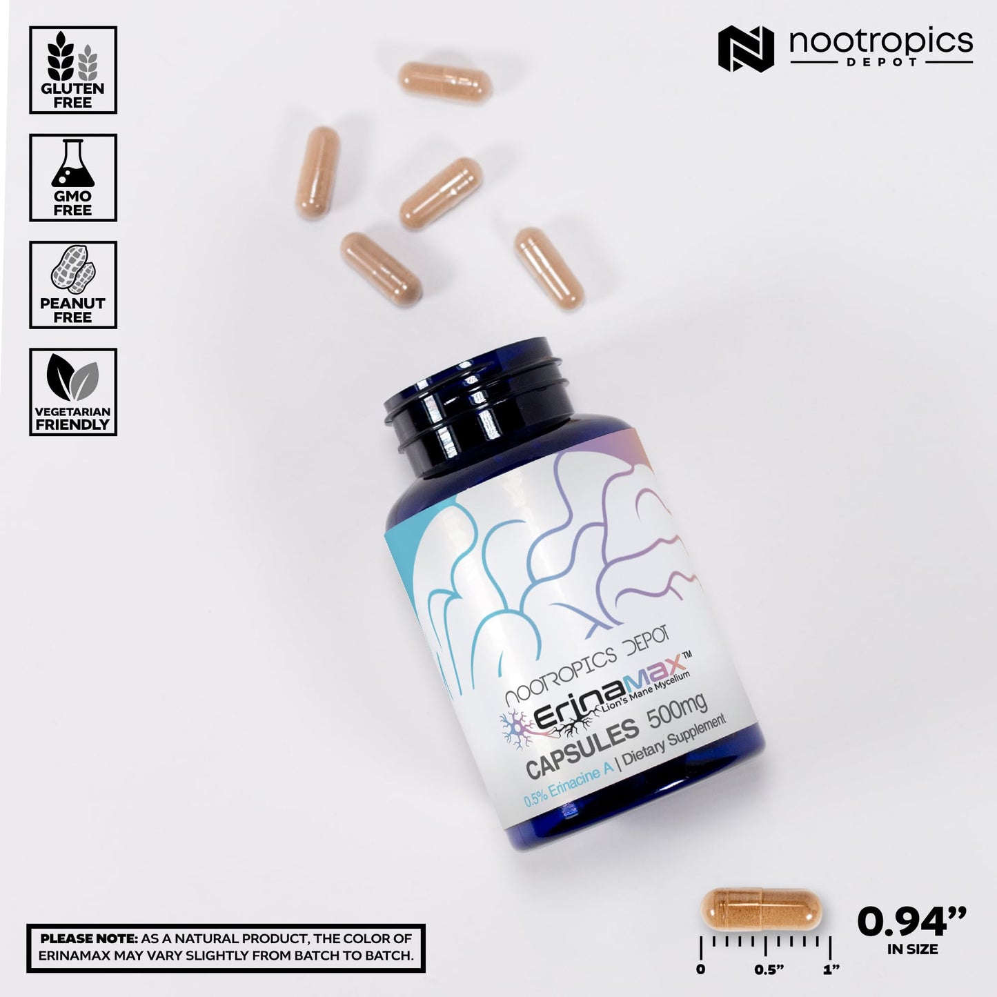 Nootropics Depot Erinamax Lion's Mane 500mg Capsules, 120 Count