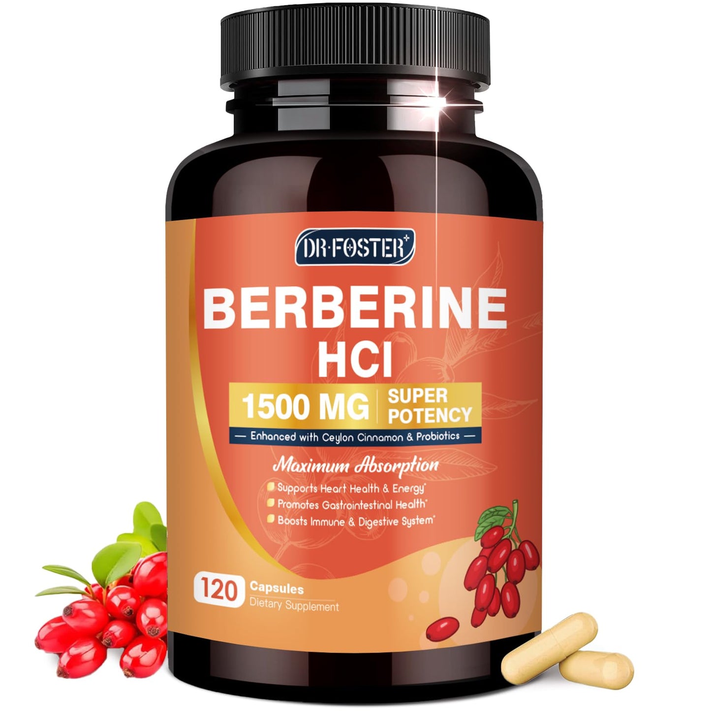 DRFOSTER Berberine HCl Supplement 1500mg with Ceylon Cinnamon Capsules, 120 Count