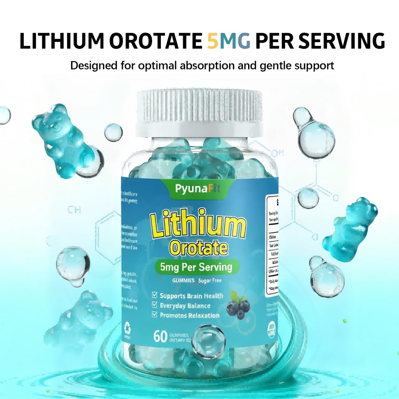 PYUNAFIT Lithium Orotate 5mg Gummies Sugar Free, 60 Count