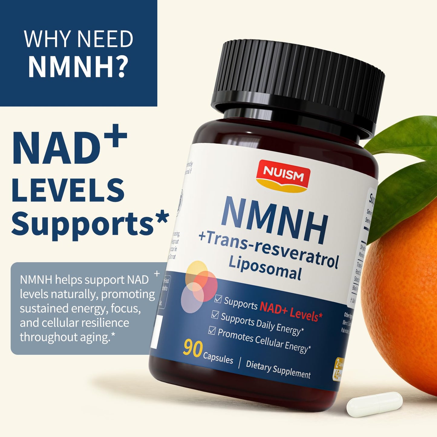 NUISM NMNH NAD+ Supplement, Liposomal NMN NAD+ & Resveratrol Complex for Cellular Energy, Healthy Aging & Metabolic Support, Capsule, 90 Count