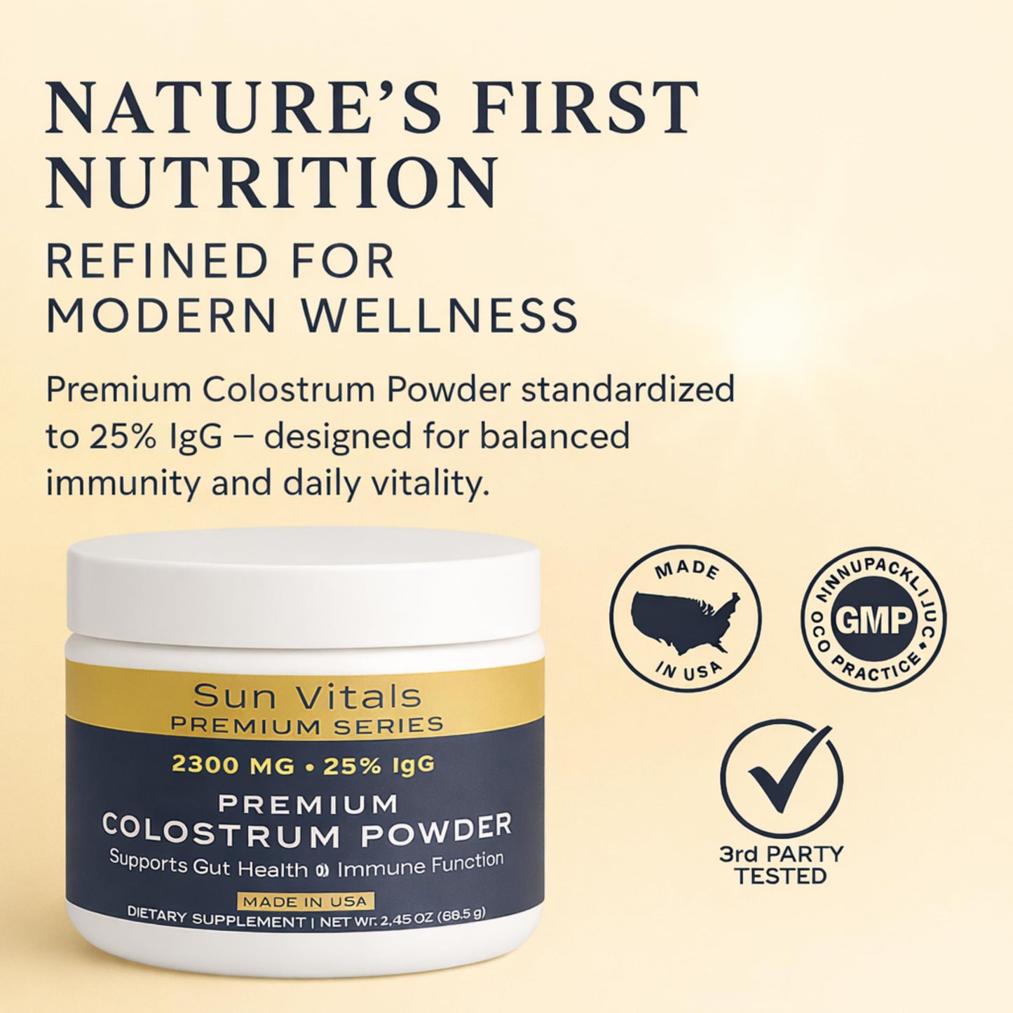 Sun Vitals Bovine Colostrum Powder 2300mg – 575mg IgG Per Serving, 25% IgG Standardized, Gut Health & Immune Support, No Fillers, No Capsules, GMP-Certified, 3rd Party Tested, 2.43 oz, 30 Servings