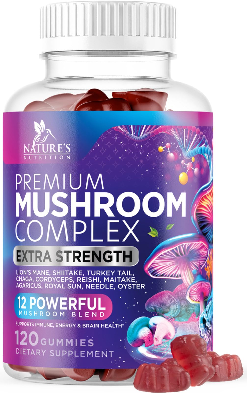 Nature's Nutrition Mushroom Gummies 12 in 1 - High Grade Blend for Adults, Lions Mane, Reishi, Cordyceps & Chaga, Memory & Immune Support, Nootropic Brain Supplements, 120 Gummies
