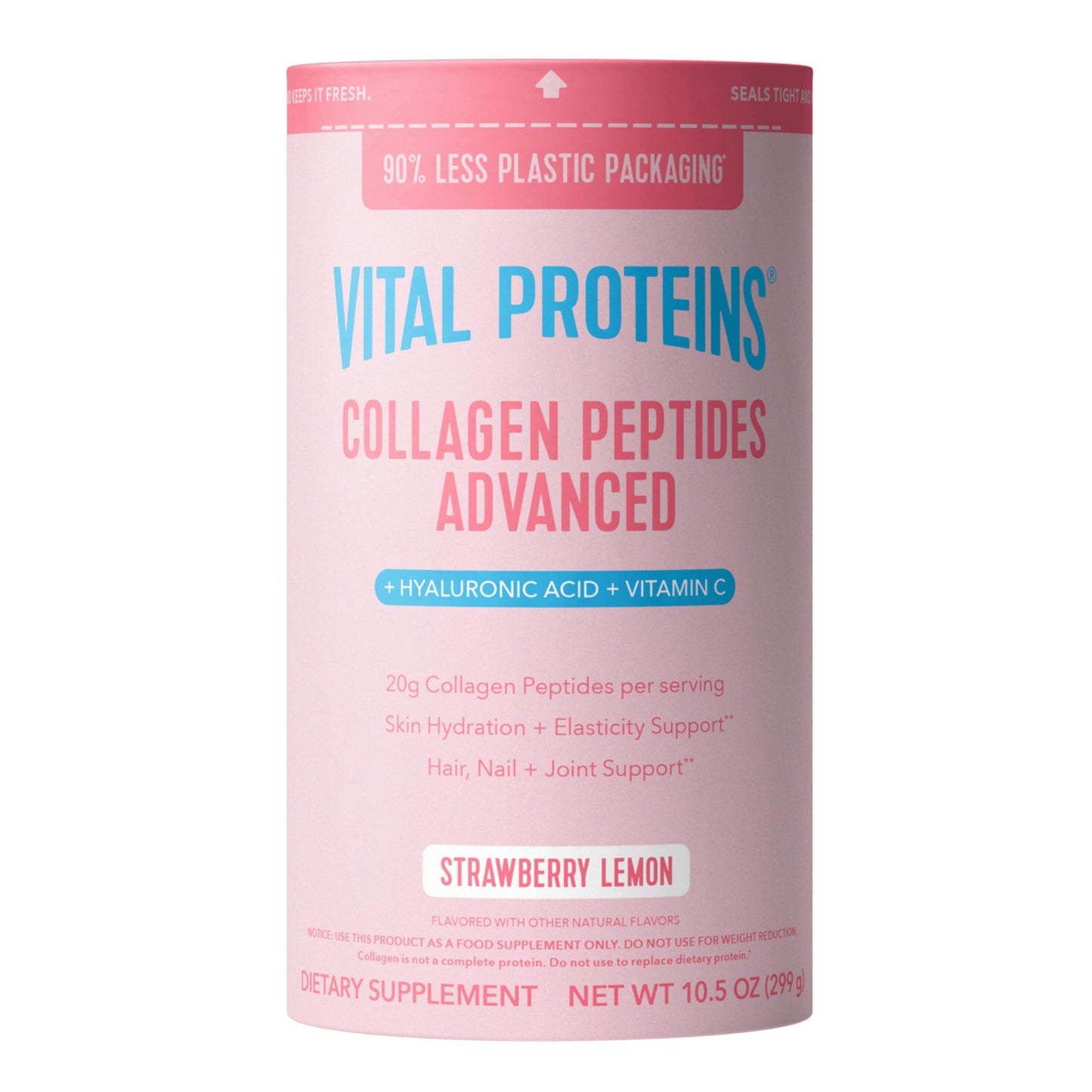 Vital Proteins Collagen Peptides Advanced, Hydrolyzed Peptides with Hyaluronic Acid and Vitamin C - Strawberry Lemon Flavor Powder 10.5 oz (13 Servings)