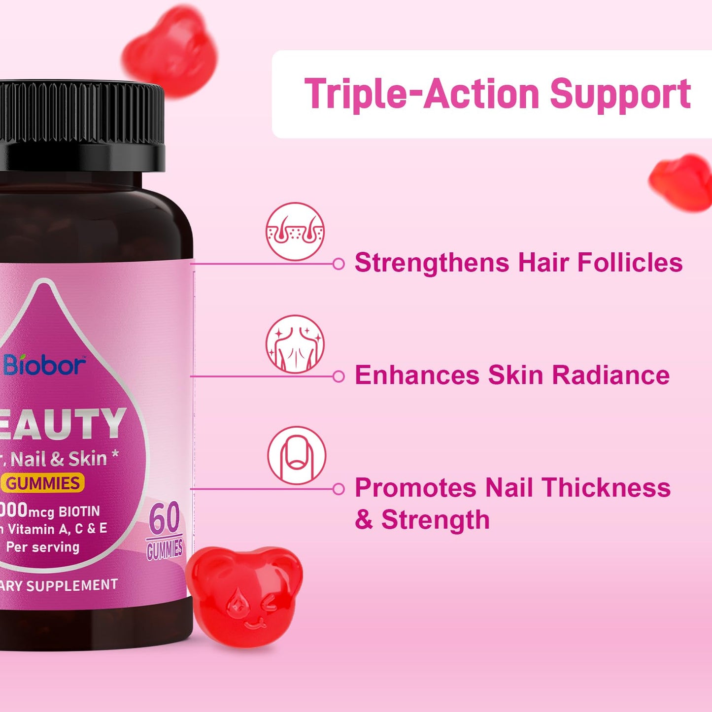 Biobor Biotin Gummies 6000mcg No Sugar Added, Hair Skin & Nails, 60 Gummies