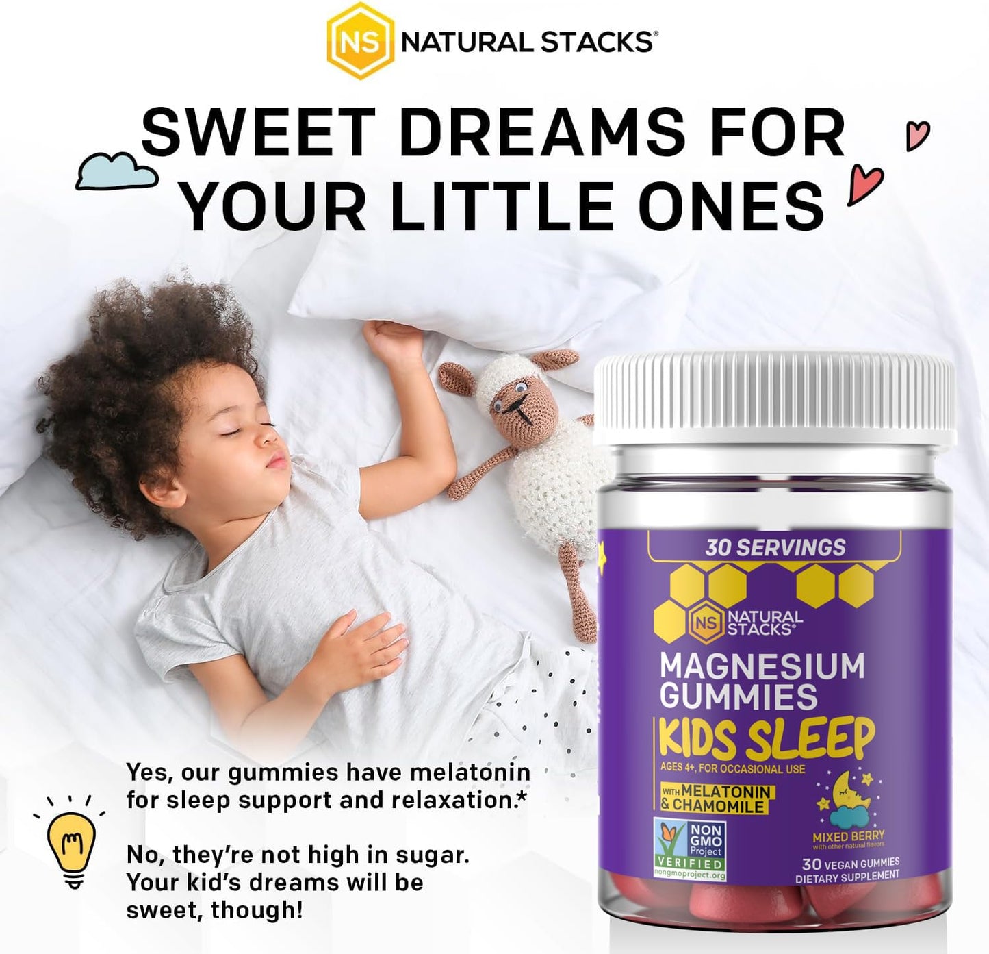Natural Stacks Kids Sleep Magnesium Gummies with Melatonin, 30 Gummies