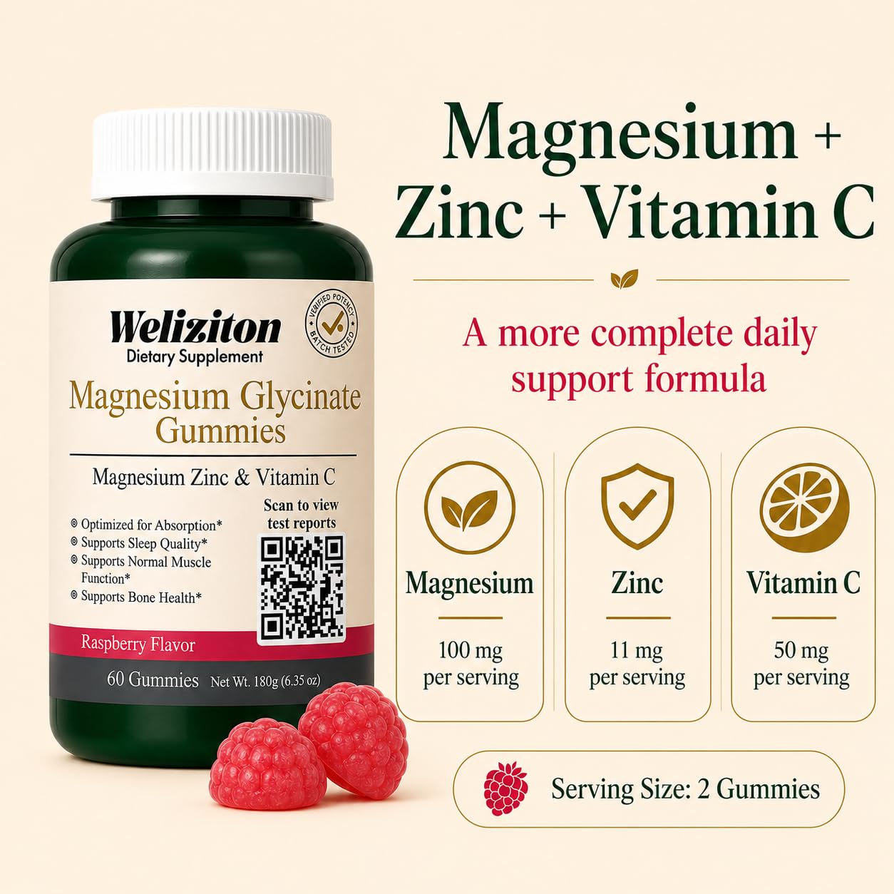 Weliziton Magnesium Glycinate Gummies 100mg, 60 Count