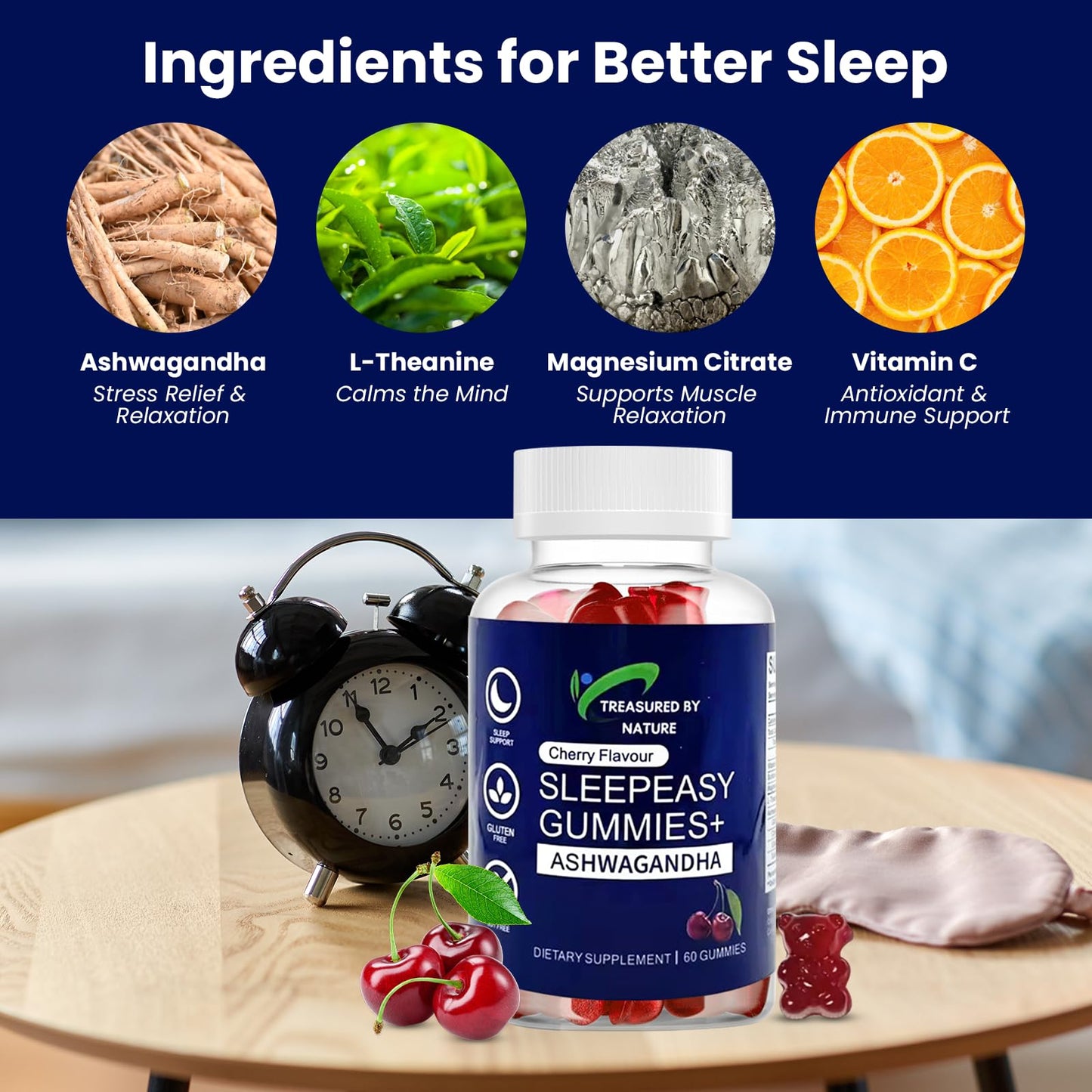 Treasured by Nature Sleep Easy Gummies Melatonin-Free Nighttime Relaxation Aid with Ashwagandha, Magnesium Citrate & L-Theanine, 60 Count