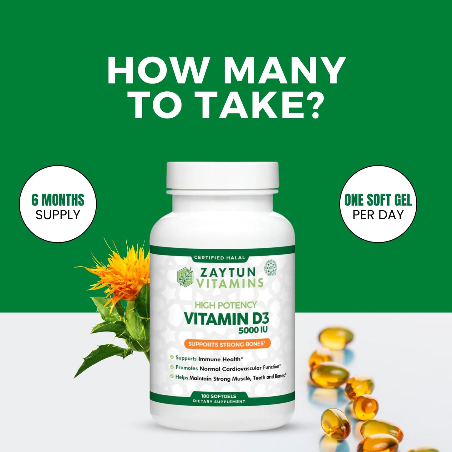 Zaytun Vitamins Vitamin D3 5000 IU Softgels 180 Count