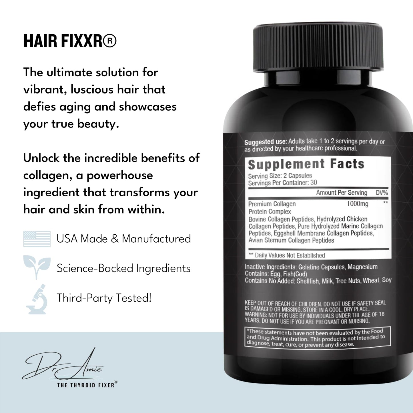 Fixxr Hair by Dr. Amie Premium Collagen Protein Complex for Hair and Skin Support, Capsules, 60 Count