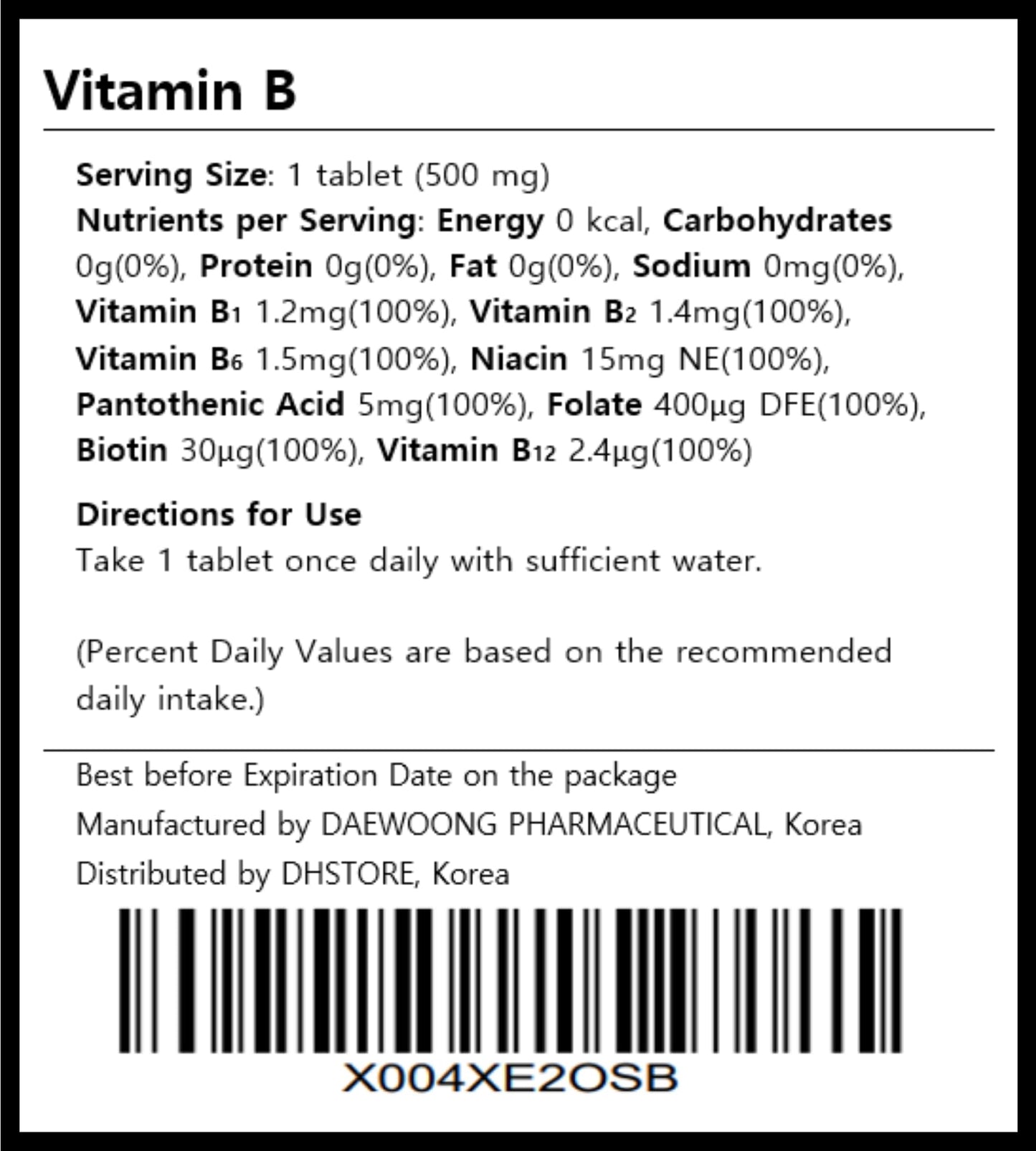 DAHLORE Daewoong Vitamin B Complex Tablets, 30 Tablets