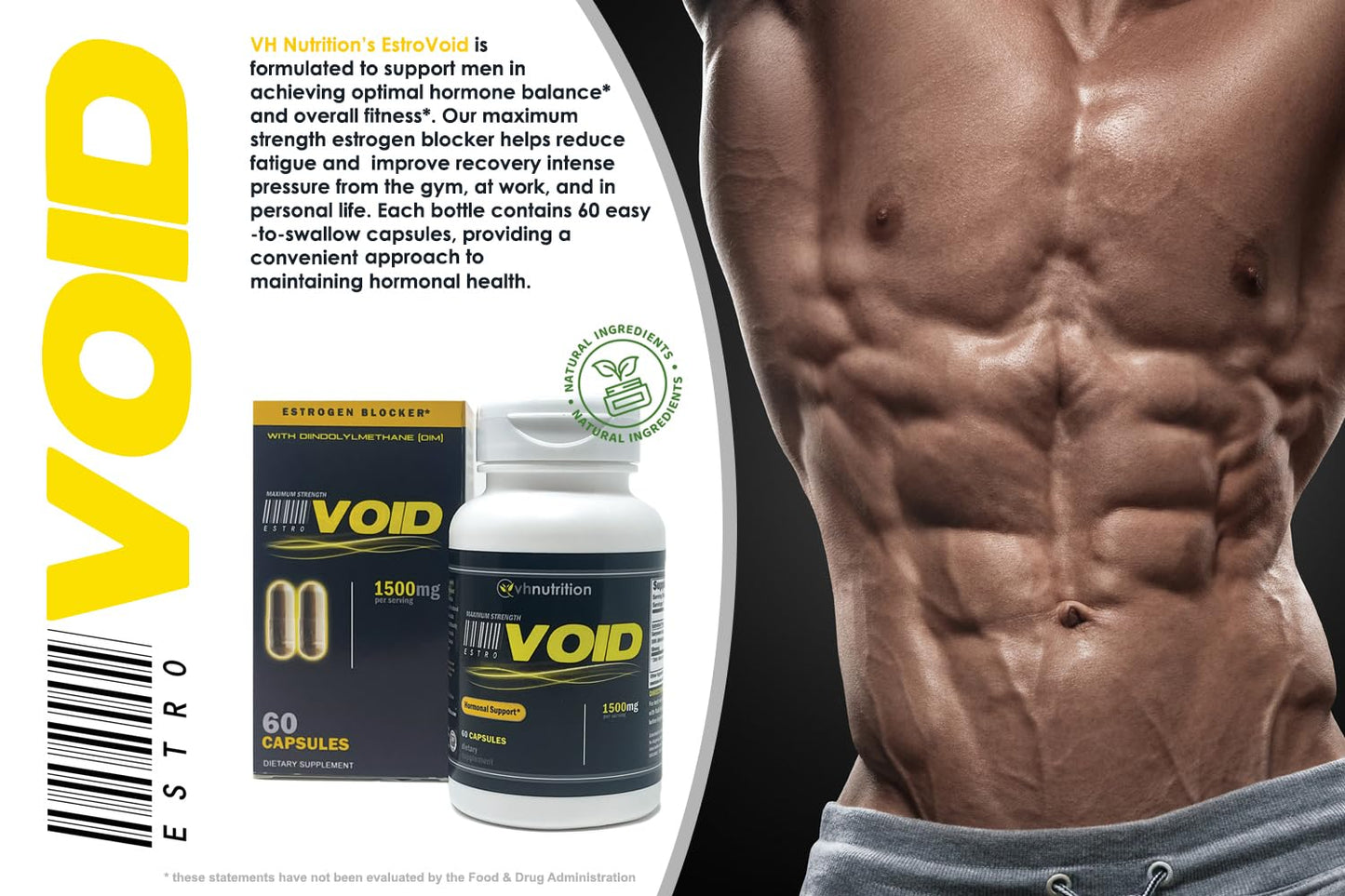 VH Nutrition EstroVoid Estrogen Blocker for Men 1500mg Natural Aromatase Inhibitor, Anti-Estrogen, and Testosterone Booster Supplement 60 Capsules
