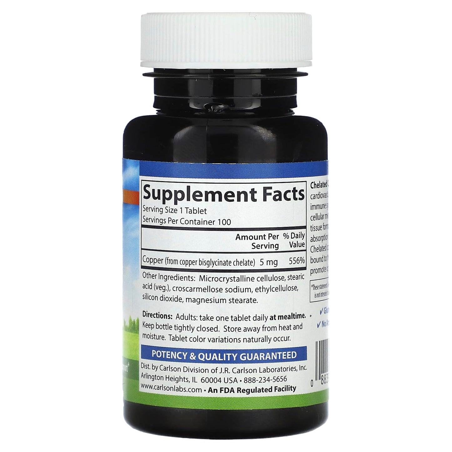 Carlson Chelated Copper 5 mg Superior Absorption Tablets, 100 Count