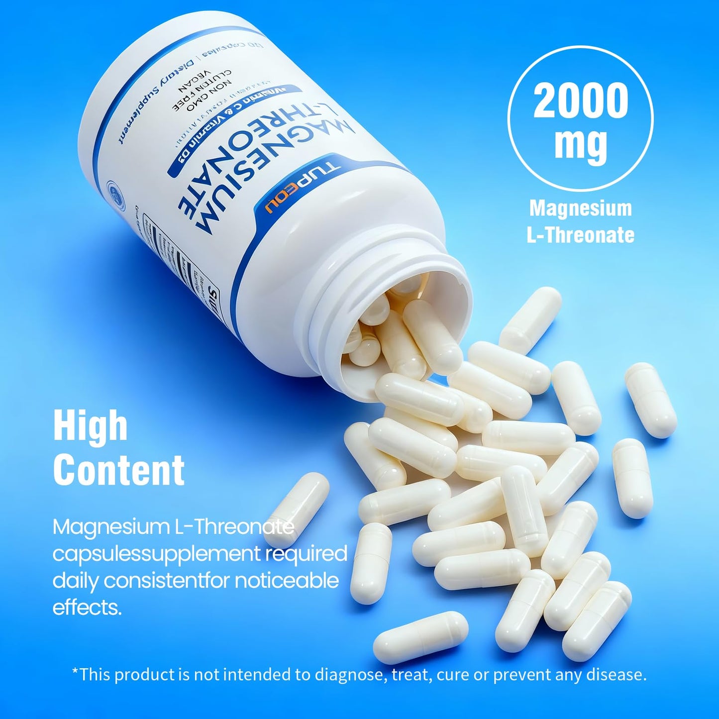 tupeou Magnesium L-Threonate with Vitamin D3 and Vitamin C, 120 Capsules