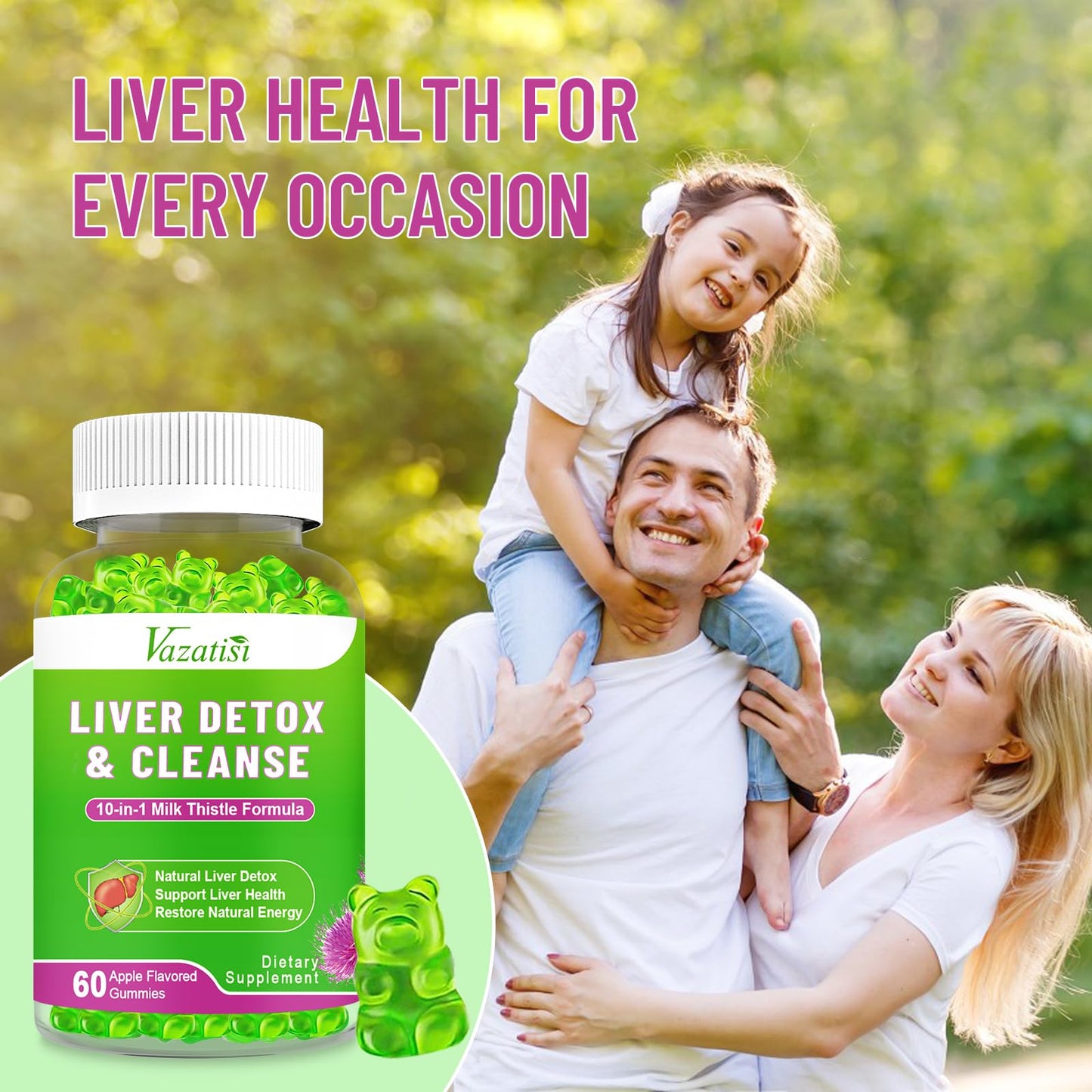 Vazatisi Liver Cleanse Detox Repair Gummies, Milk Thistle with Artichoke & Dandelion for Liver Support, Apple Flavor, 120 Count