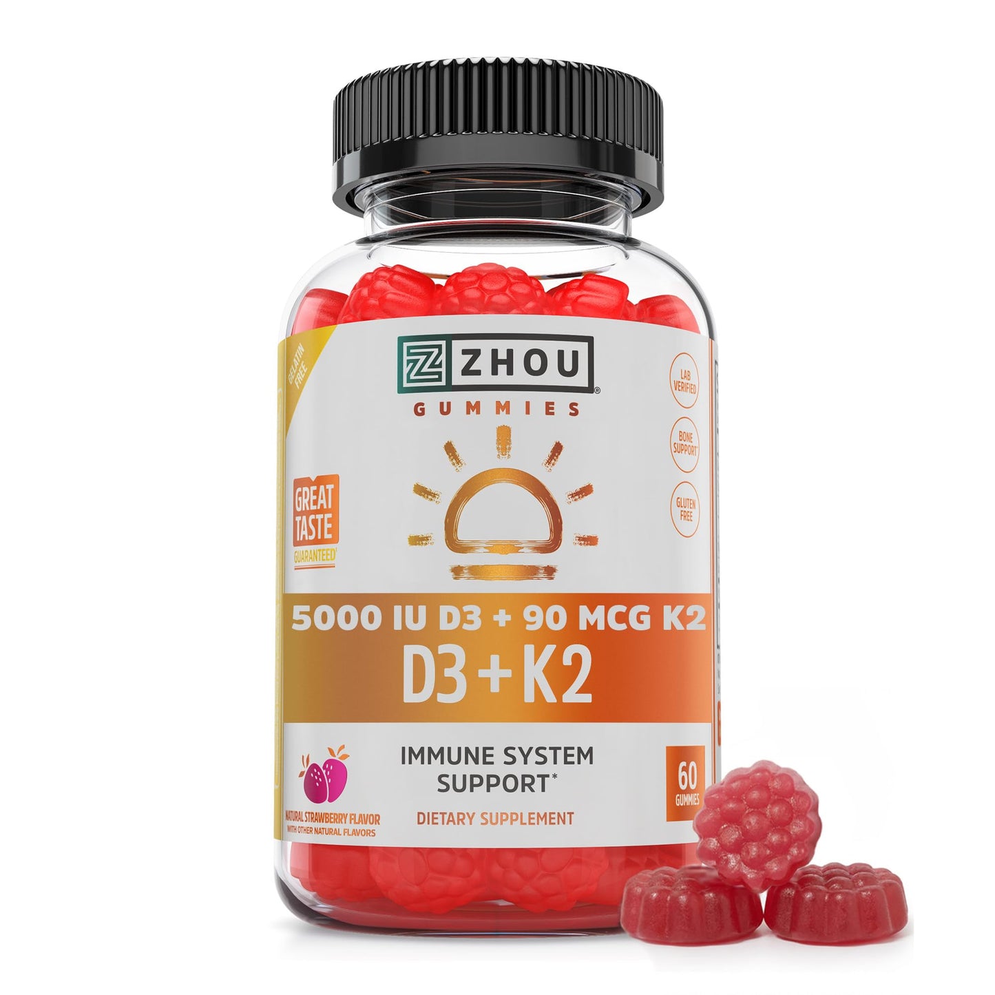 ZHOU D3+K2 Vitamin D3 K2 Supplement Gummy, 60 Veggie Gummies