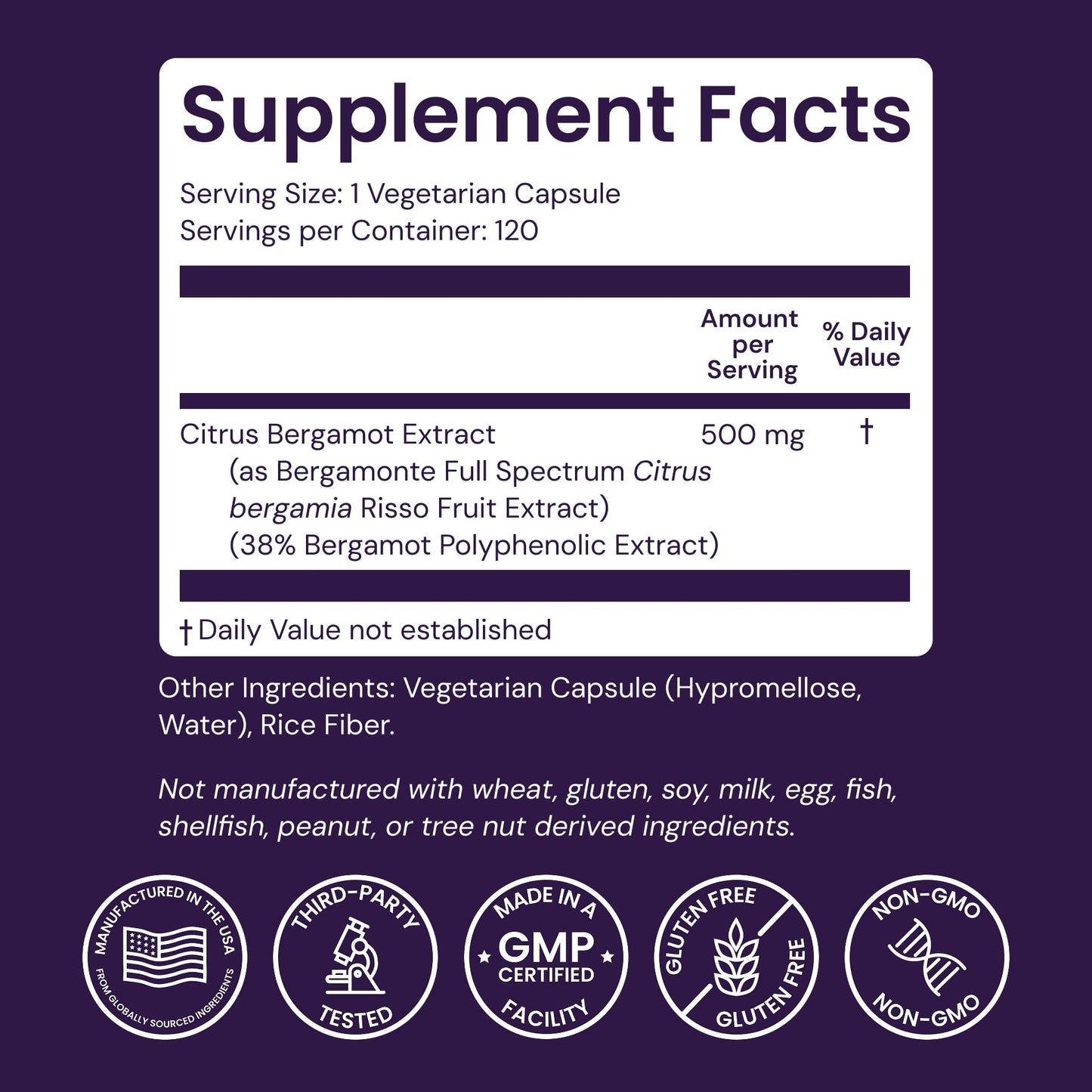 Healthy Origins Citrus Bergamot 500 mg Bergamonte® Patented Extract 38% Polyphenols Cardiovascular & Metabolic Support Third-Party Tested Capsules 120