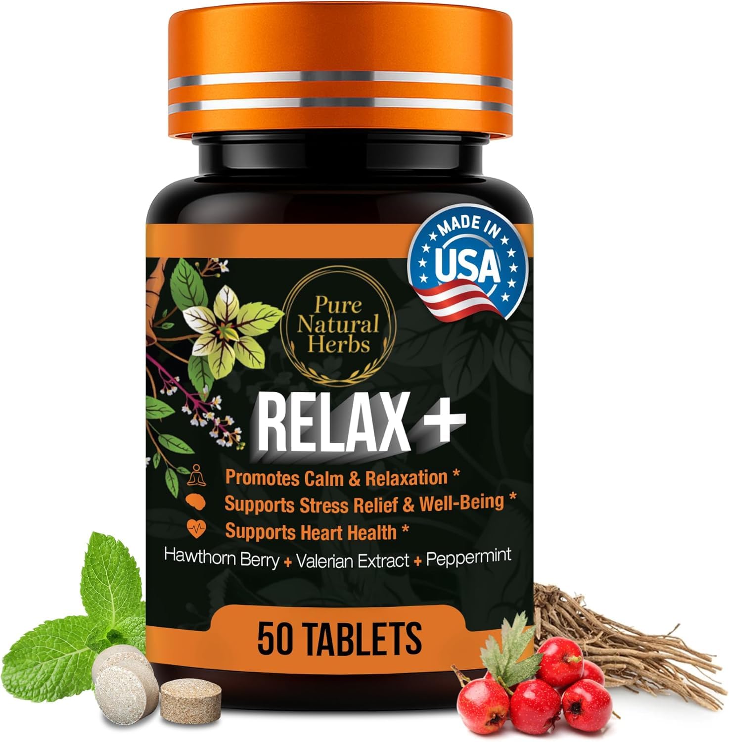 Pure Natural Herbs Valerian Hawthorn & Peppermint Tablets, 50 Count