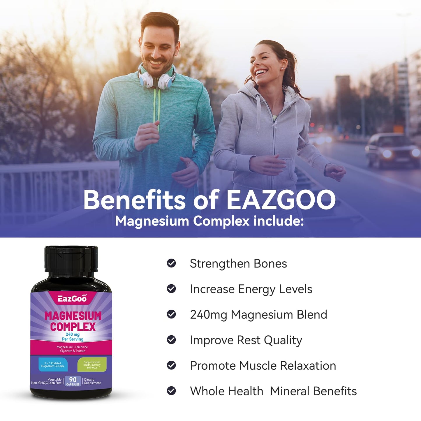 EAZGOO 3 in 1 Magnesium Complex, 240mg Elemental Magnesium Vegan Capsules, 90 Count
