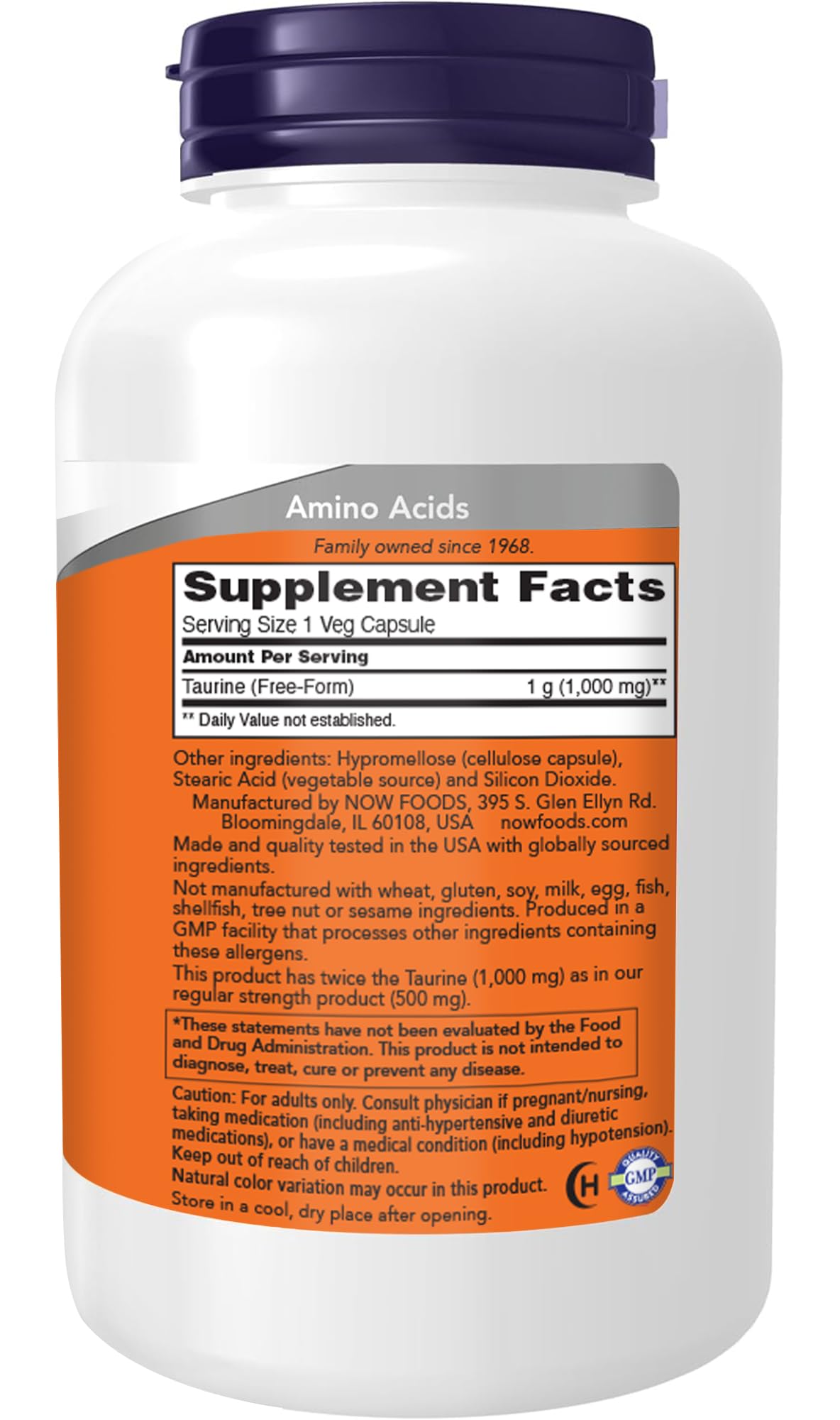 NOW Foods Taurine 1000 mg Double Strength Nervous System Health, 200 Veg Capsules